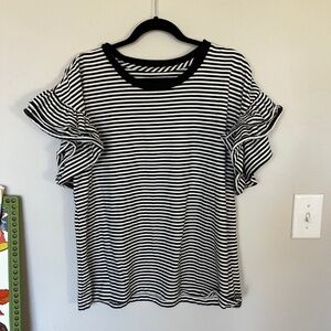 Current Elliott | Black and White Stripe Flutter Short Sleeve T | L